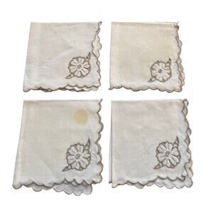 Vintage linen cocktail napkins set of 4 machine embroidery & cut work FLAW